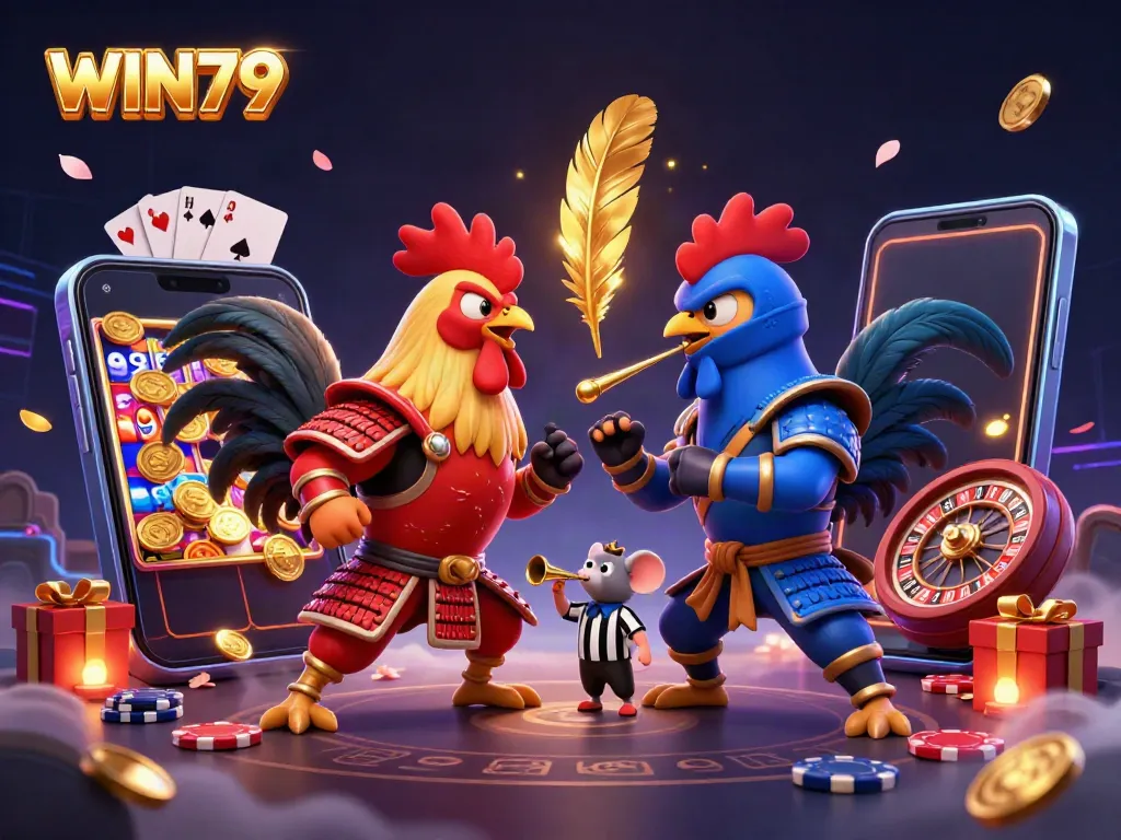 Experience the excitement of WIN79 with animated roosters in a thrilling casino scene full of slot games and golden treasures.