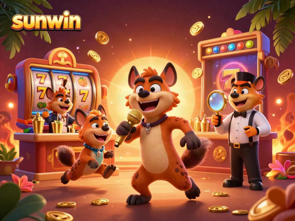 Engage with sunwin's lively casino atmosphere featuring hyenas enjoying games of chance and comedy.