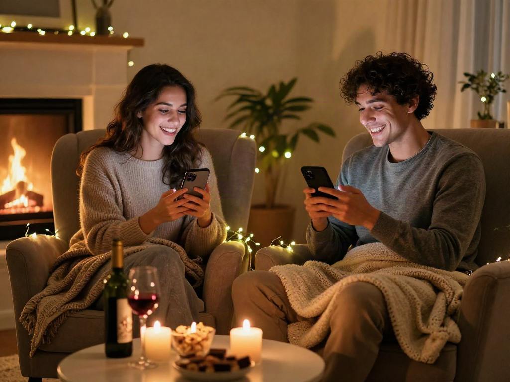 Couple enjoying AI sexting in cozy setting with warm ambiance.