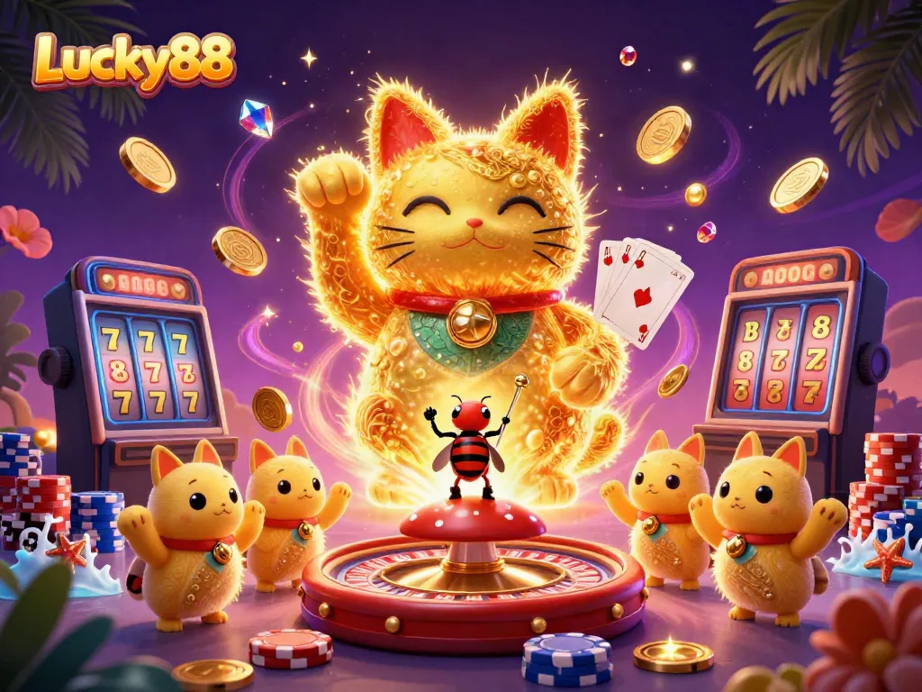 Experience exciting gameplay with Lucky88 as golden fireflies create a lucky cat amidst casino symbols.