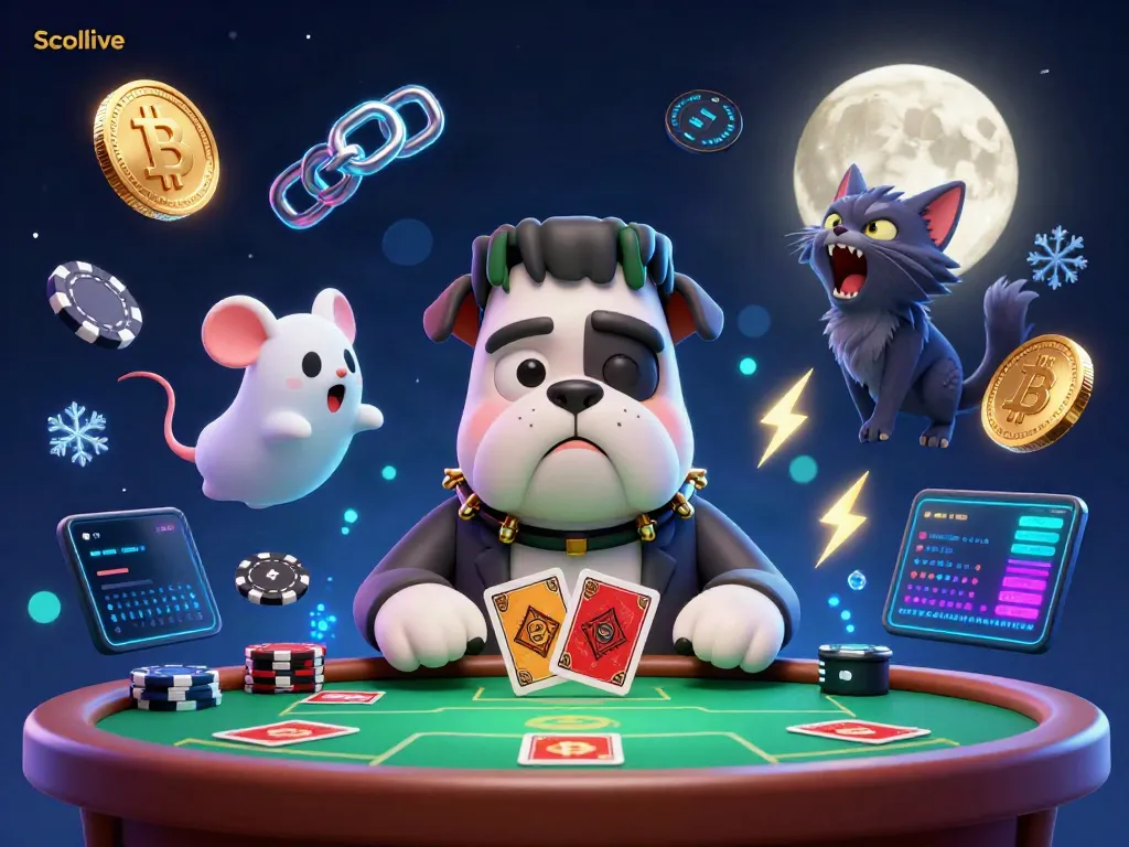Socolive showcases a lively 3D scene with a Frankenstein bulldog dealer and floating Bitcoin coins, embodying excitement and engagement.