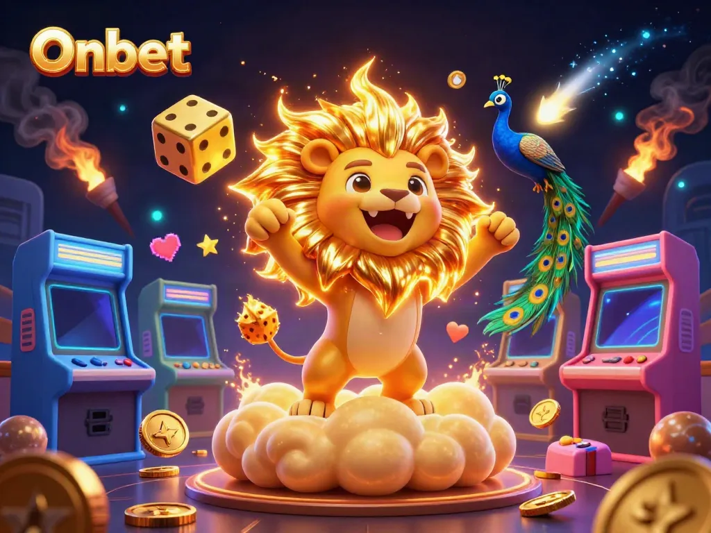 Onbet brings excitement through vibrant gaming elements featuring a roaring lion and golden dice.