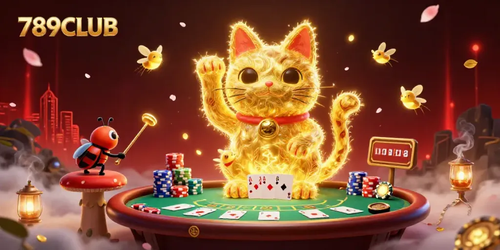 Experience the vibrant gaming world of 789CLUB as golden fireflies shape a lucky cat amid poker elements.