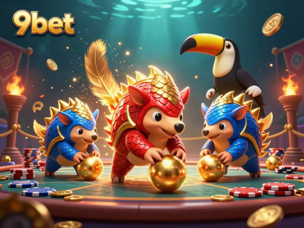 Engage in fun with 9bet where rival pangolins compete in a lively casino environment with golden surprises.