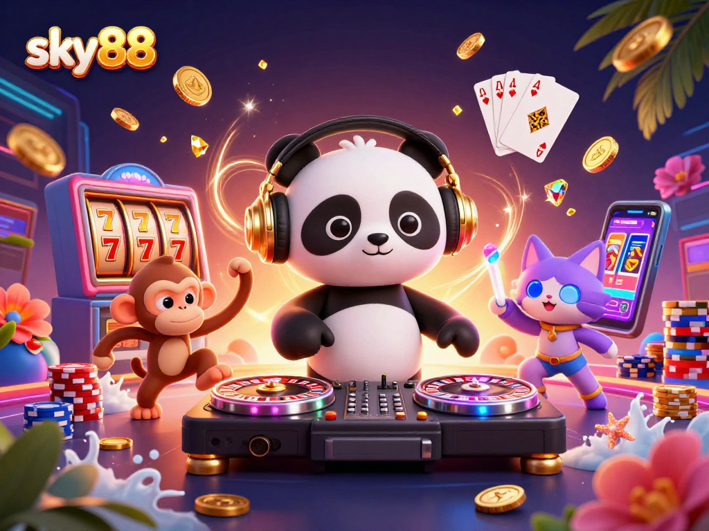 Experience thrilling action at sky88 with our lively 3D illustration of a DJ panda, dancing monkey, and kitten.