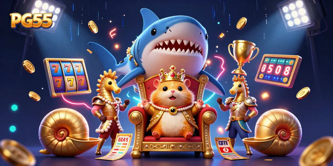 Engage with PG55's vibrant casino experience featuring a hamster king atop a massive megalodon throne surrounded by slot games.