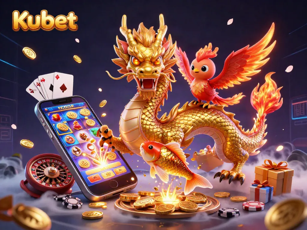 Kubet players experience thrilling slot game action with a golden dragon and phoenix in a lively 3D scene.