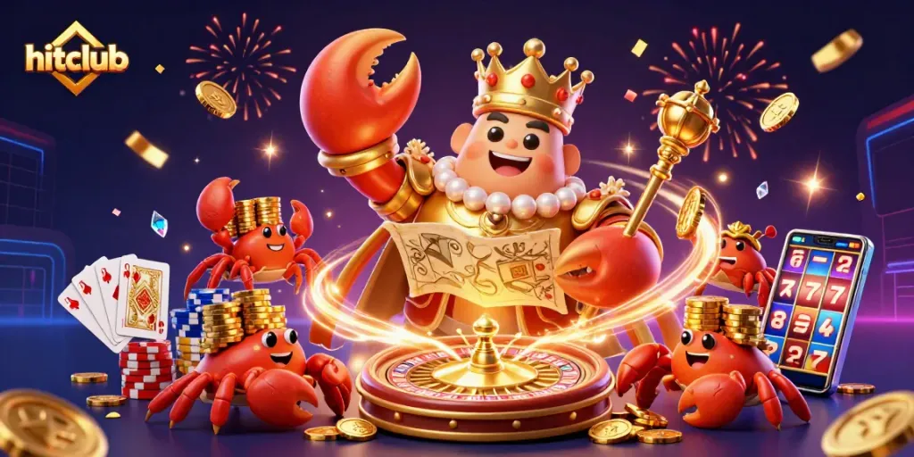 Hitclub showcases a vibrant scene with a golden crab emperor and dynamic casino elements, perfect for gamers.