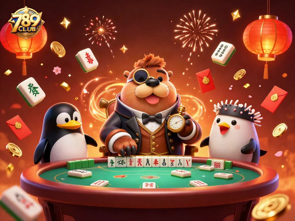 Engage in thrilling gameplay at 789CLUB with a gambling scene featuring poker elements and festive decor.