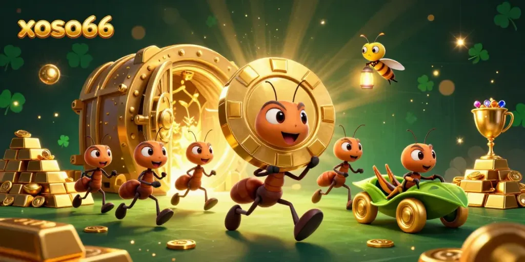 Xoso66 ants carry a large poker chip in a treasure-filled tunnel, showcasing a dynamic casino heist.