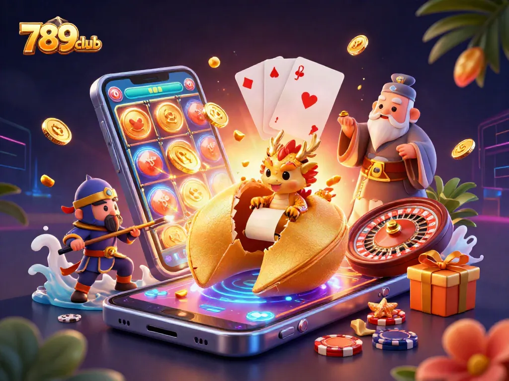 Engage with 789club's slot games through this vibrant 3D illustration of animated characters and casino elements.