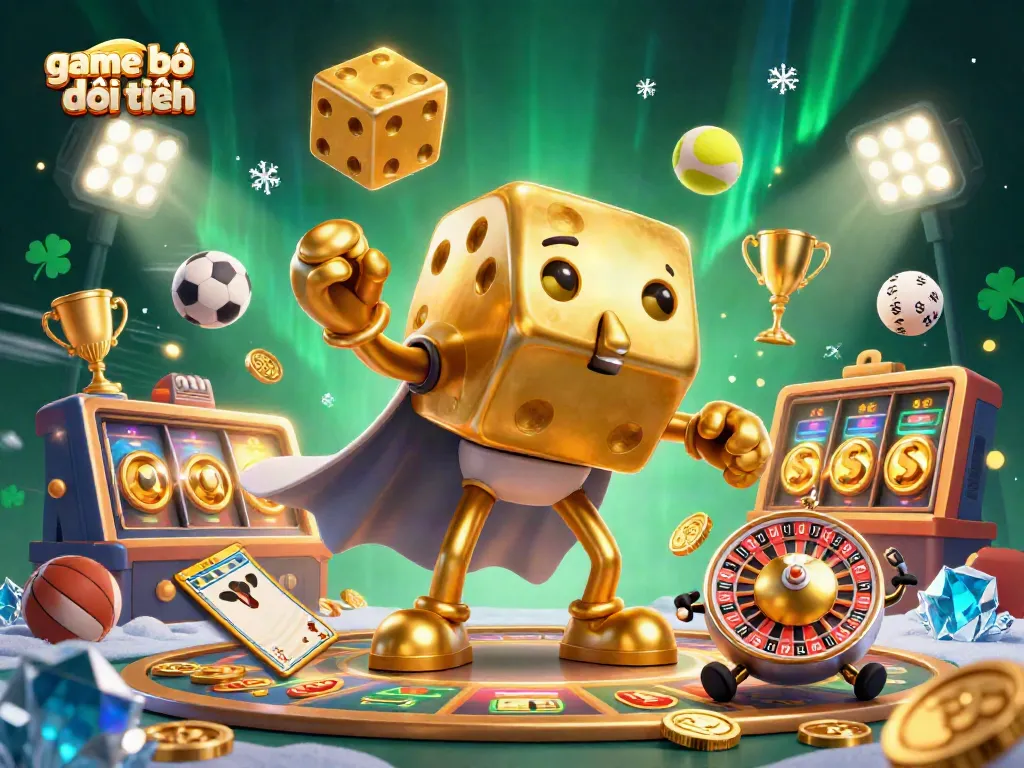 Experience game bài đổi thưởng with golden dice and dynamic sports elements in an ultra-detailed 3D illustration.