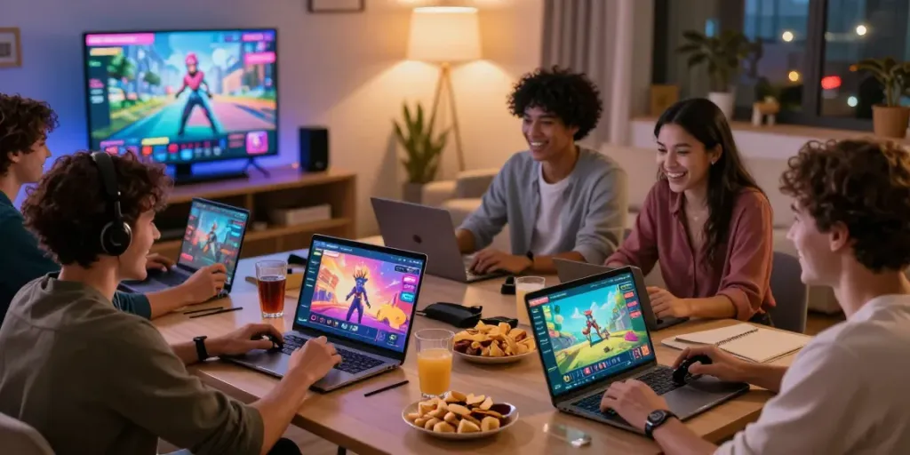 Engaged users enjoying garuda 404 digital gaming platform in a vibrant home setting.