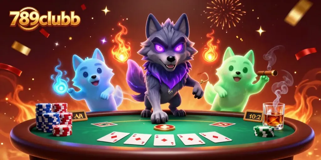 Engage with thrilling gameplay at 789clubb with a captivating poker scene featuring mystical wolf characters.