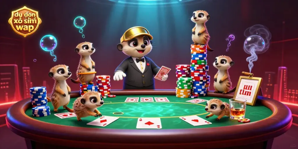 Experience dynamic gaming with dự đoán xổ số wap in a vibrant meerkat casino illustration featuring card games and colorful chips.