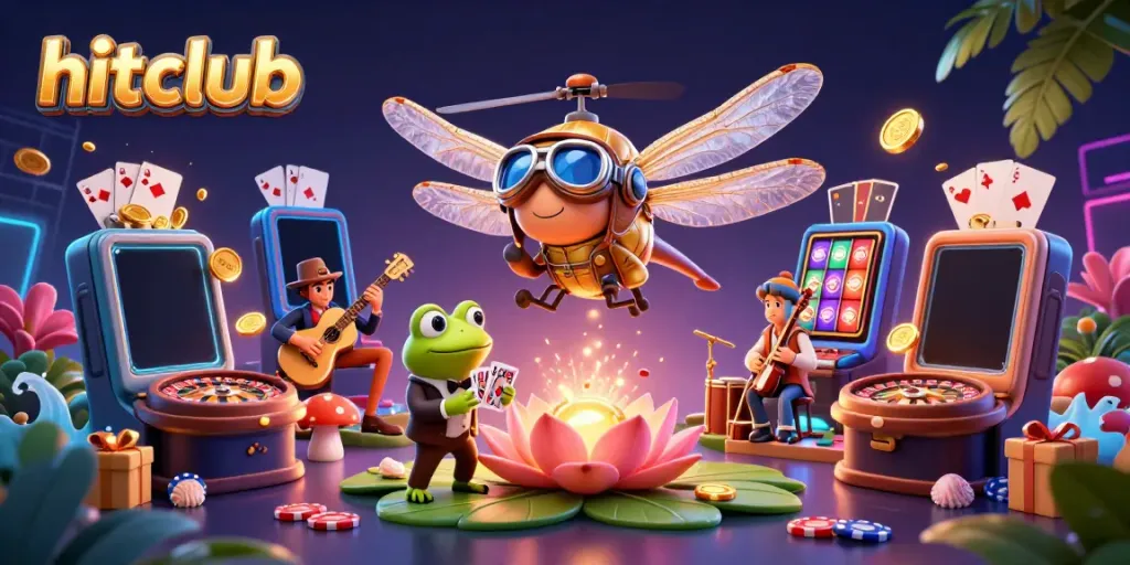 Engage with hitclub at a vibrant lily pad casino with a dragonfly pilot and frog croupier.