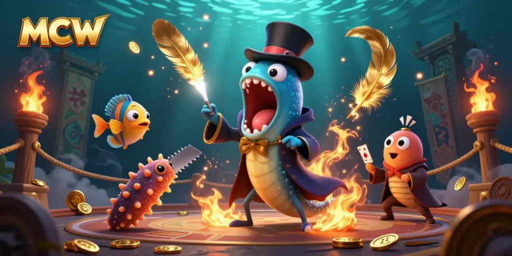 MCW showcases a bioluminescent gulper eel performing card tricks in a vibrant underwater casino scene.