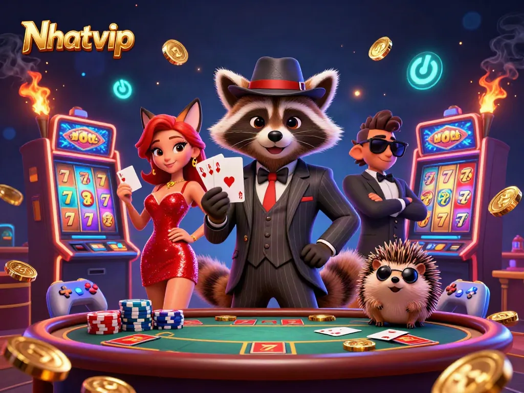 Nhatvip offers exciting casino action with 3D characters at a vibrant slot machine scene.