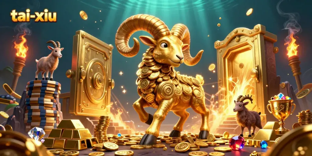 Experience thrilling tai-xiu gameplay with a golden ram and treasures in a dynamic 3D scene.