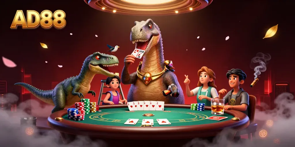 Engage with AD88's unique gaming experience illustrated by fantasy characters at a vibrant casino scene.