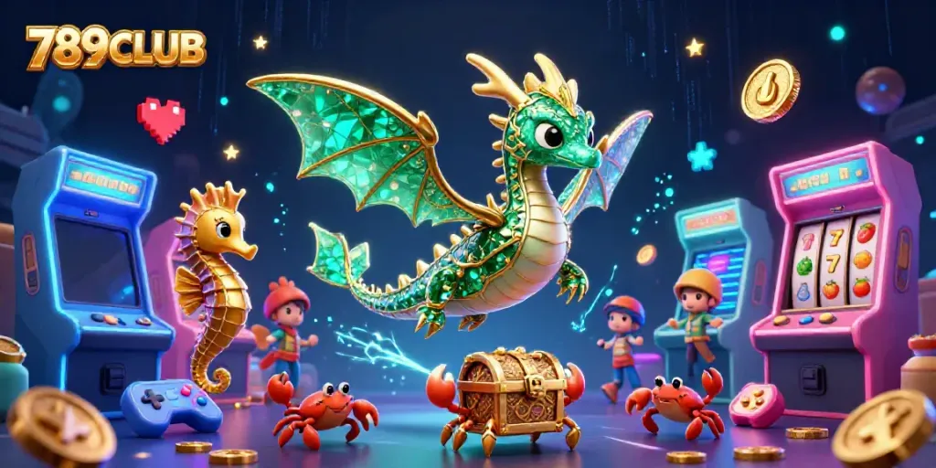 Engage with 789CLUB’s colorful gaming scene featuring a majestic sea dragon and vibrant arcade elements.
