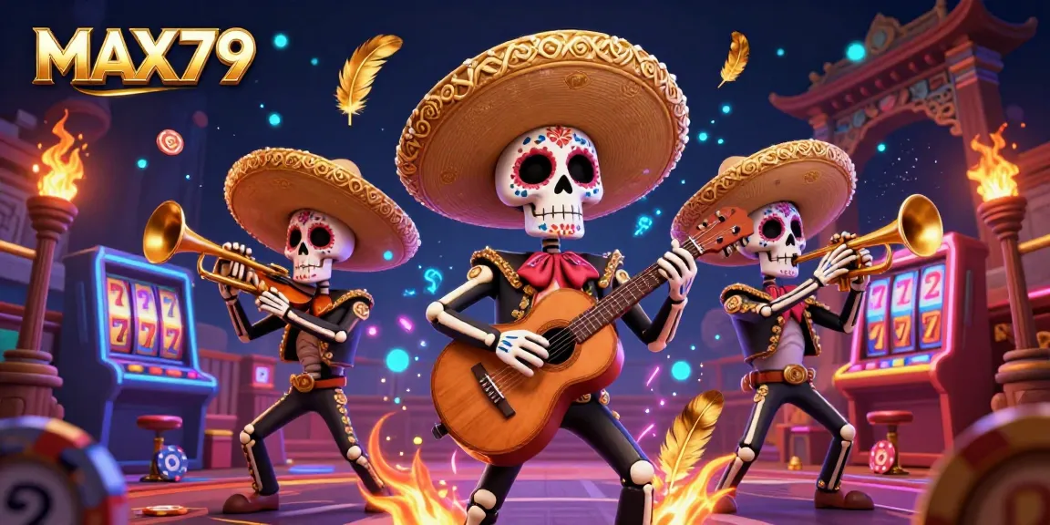 Engage with MAX79's vibrant gaming scene as skeleton mariachis play amid casino elements, offering a thrilling atmosphere.