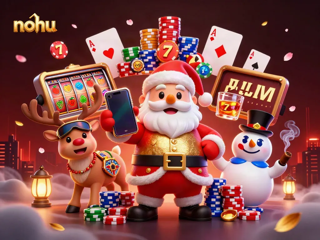Nohu celebrates with Santa and friends amidst spinning slot reels and colorful poker chips.