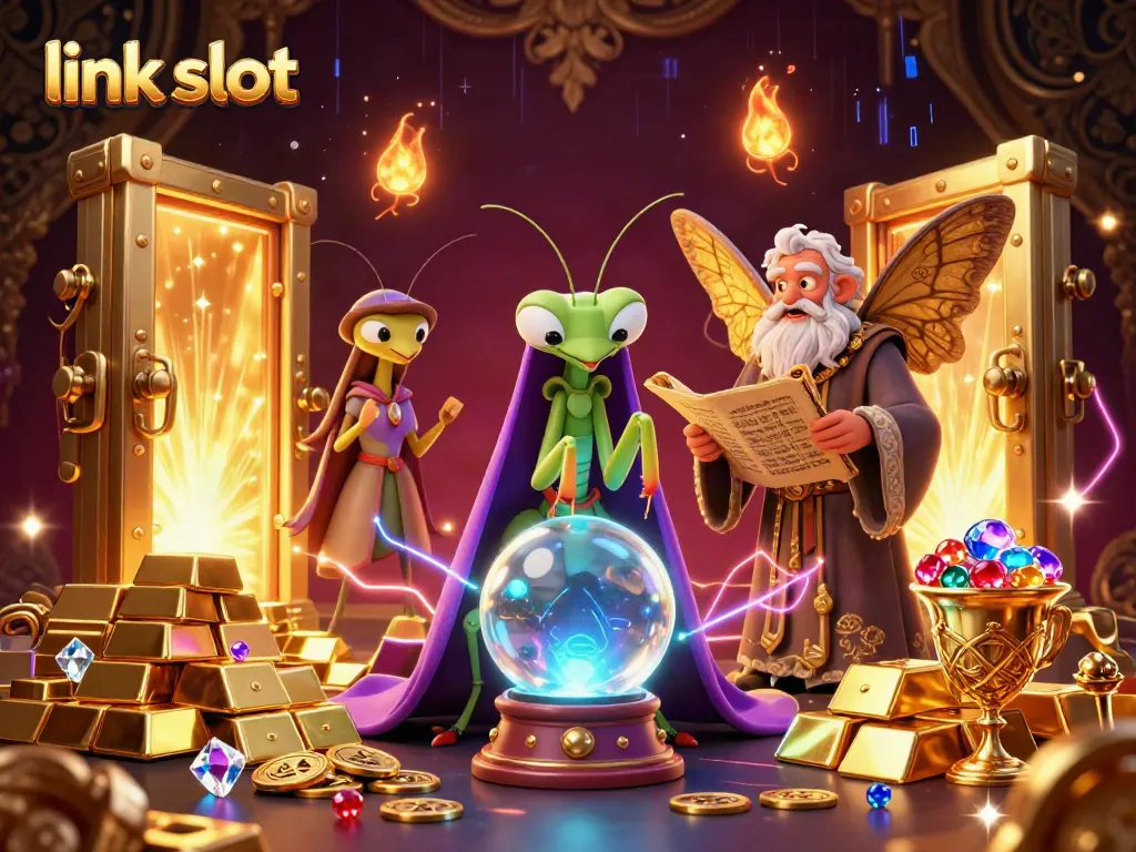 Engage with the thrilling link slot experience in this vibrant, mystical casino scene featuring playful characters and dazzling treasures.