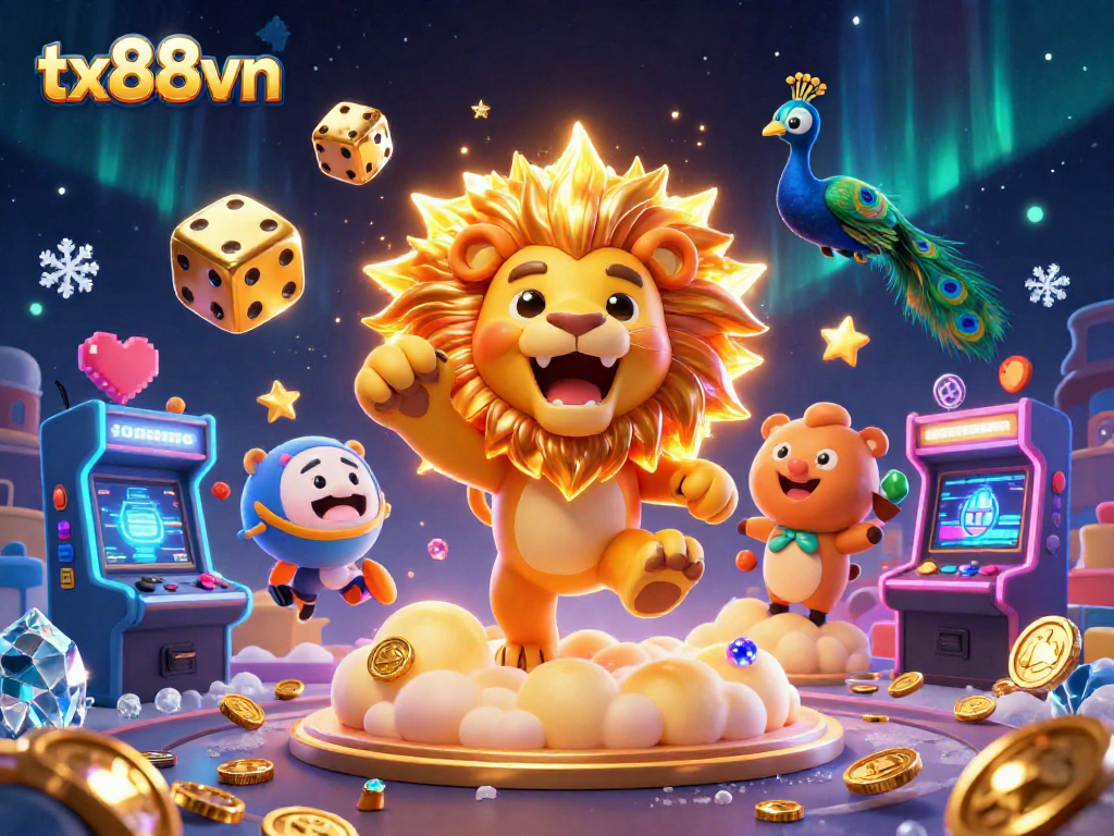Engage with the thrilling gaming universe of tx88vn, showcasing vibrant 3D casino elements and dynamic characters.