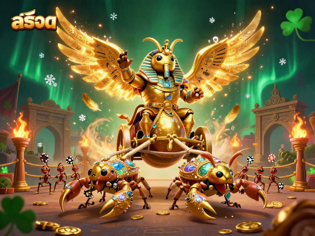 Experience the thrill of สล็อต with a vibrant 3D illustration featuring a golden scarab and chariot.