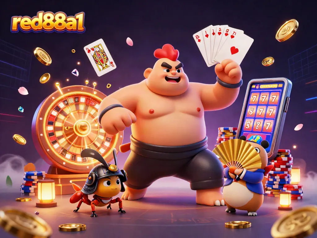 Experience the excitement of red88a1 casino games with a dynamic scene of sumo wrestler rooster, samurai cricket, and tanuki announcer.