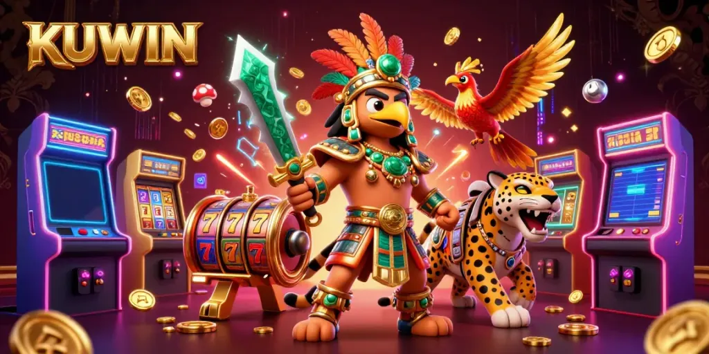 Experience the thrill of KUWIN casino gaming with vibrant slot machines and dynamic 3D characters.