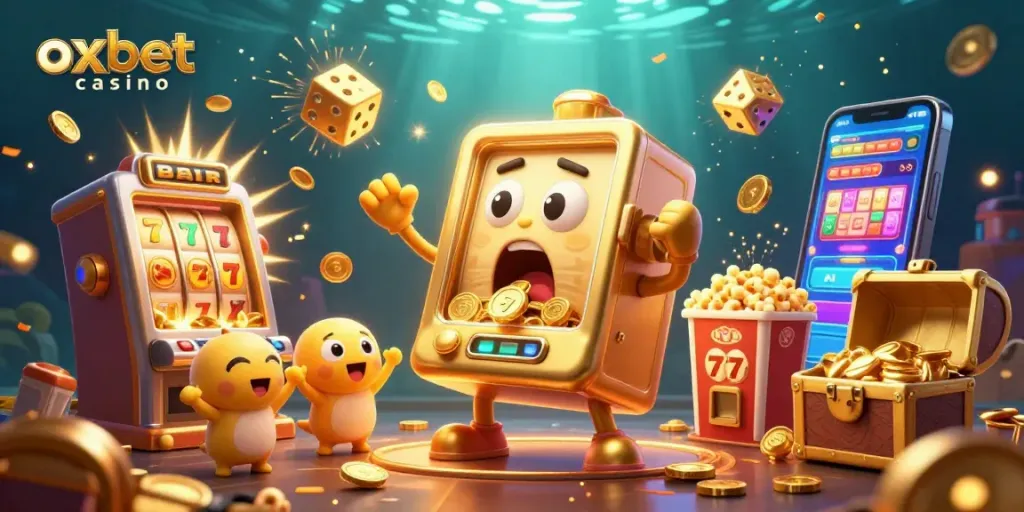 Experience the winning vibe at oxbet casino, where the golden slot machine cheers as it hits a jackpot with coins pouring out.