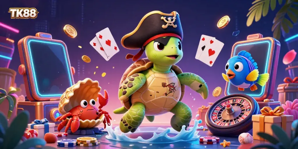 Engage in exciting casino adventures with TK88, featuring 3D characters and dynamic slot game elements.